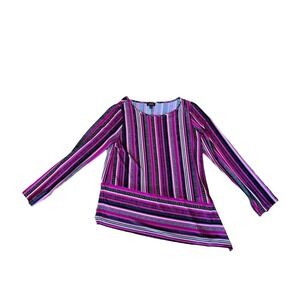 Jones NY Blouse Top Women's L Pink Striped Long Sleeve Asymmetrical Hem Pullover